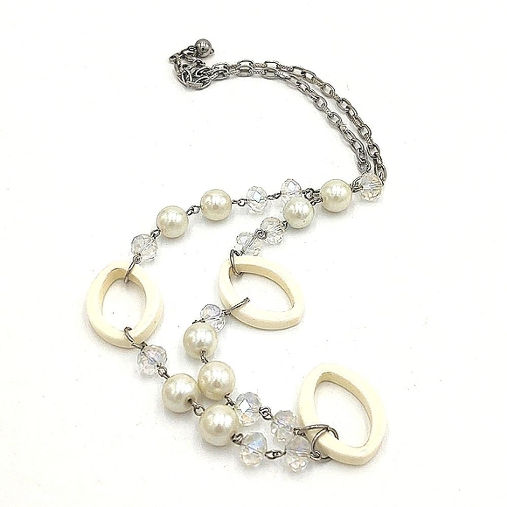 Funky Faux Pearl & Crystal Necklace - White & Silver
